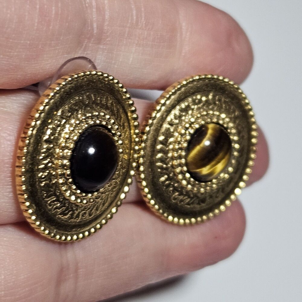**Final Sale** Vintage 1928 Gold Tone Round Brown Tiger's Eye Earrings - Picture 3 of 12